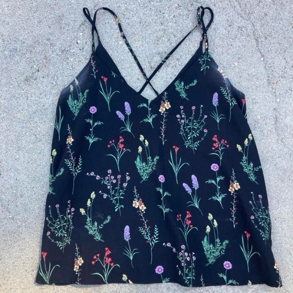 Stradivarius black floral cami top with multicolored flowers and green stems
